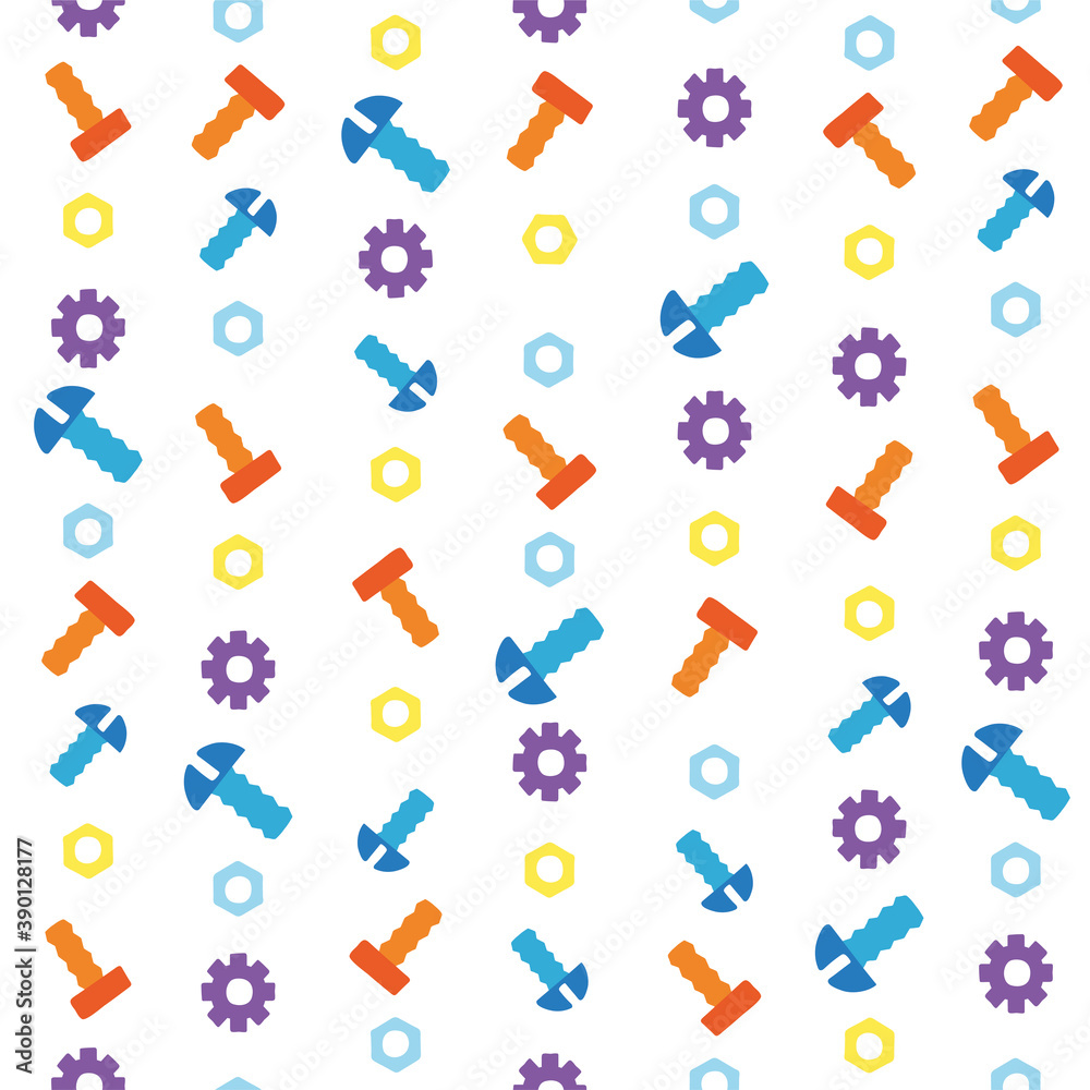 Seamless pattern with different tools. Gears, bolts, nuts background in flat style. Vector illustration