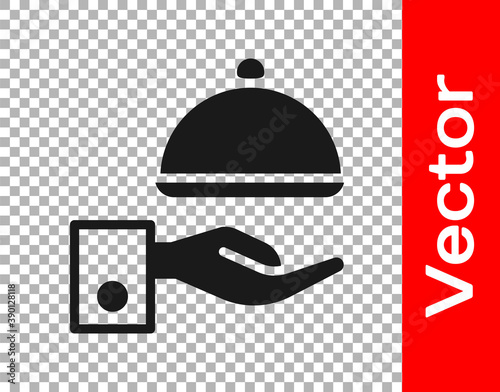 Black Covered with a tray of food icon isolated on transparent background. Tray and lid sign. Restaurant cloche with lid. Vector.