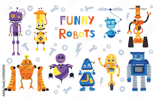 Set of cute robots in cartoon style. Chatbot icon collection. Illustration with robot toys collection. Vector