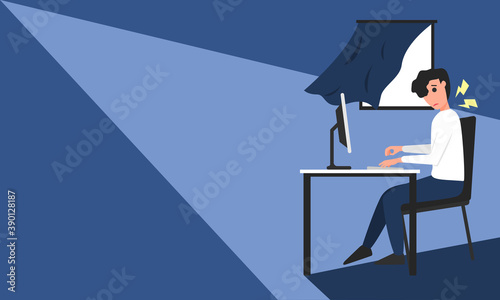 Graphic illustration of Man office syndrome on a blue background, myofascial pain syndrome. Flat design.