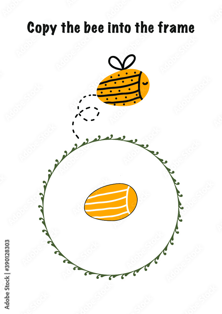 Copy the bee into the frame. What comes next is educational children game. Learn, Read, Draw. Vector Illustration. Copy the bee into the frame. What comes next is educational children game. Learn, Read, Draw. Vector Illustration.