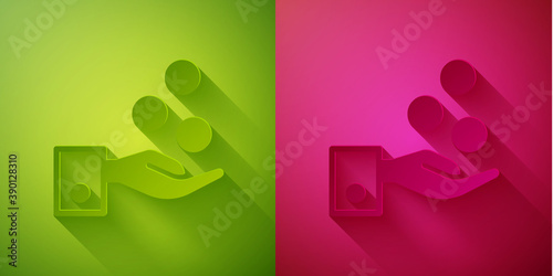 Paper cut People paying tips to service staff in restaurant and hotel icon isolated on green and pink background. Tips money cash coin hotel resort service. Paper art style. Vector.