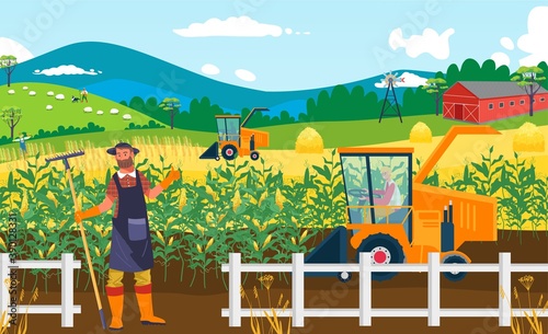 Agriculture crop farm field, vector illustration. Rural man farmer people at countryside nature agricultural harvest. Outdoor cartoon farmland plant, farming male working background.