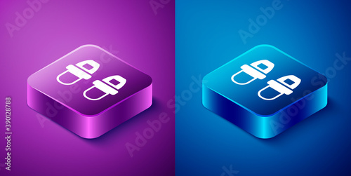 Isometric Hotel slippers icon isolated on blue and purple background. Flip flops sign. Square button. Vector.