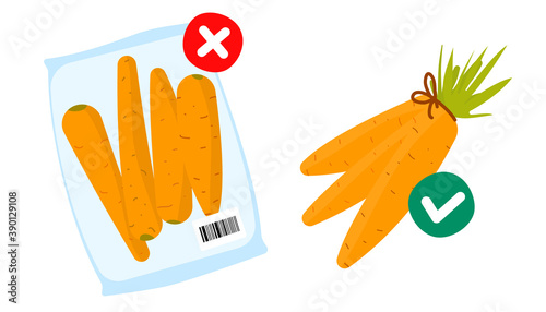 Ban single use plastic, stop sign. Choose plastic free. Zero Waste shopping concept. Packed carrots in plastic bag with prohibition sign. Carrots without packing with permitting sign.