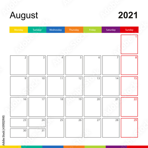 August 2021 colorful wall calendar, week starts on Monday. photo