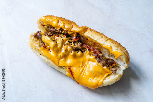 Philly Cheese Steak Sandwich with Melted Cheddar Cheese. photo