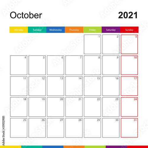 October 2021 colorful wall calendar, week starts on Monday. photo