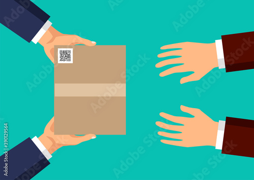 Courier hands parcel to customer. Delivery box, package service. Transportation, container. Receive, send and transfer products. Vector cartoon illustration isolated on blue background.
