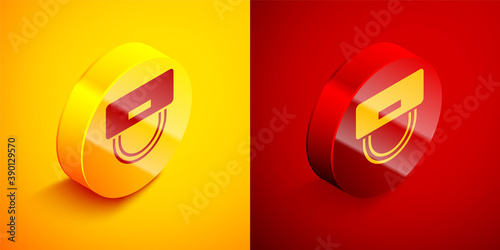Isometric Bellboy hat icon isolated on orange and red background. Hotel resort service symbol. Circle button. Vector.