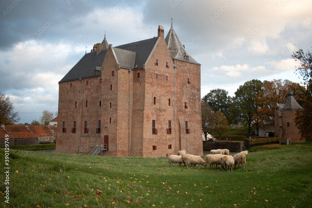 Castle of Loevestein at an autumn day with some sheep. No edit in landscape view.