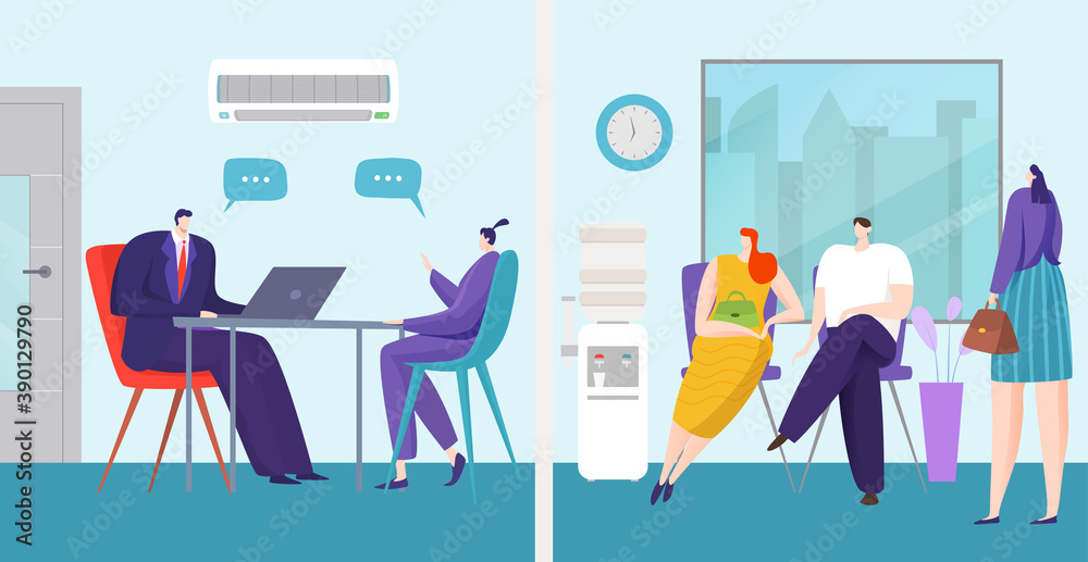 Job interview in office concept, vector illustration. Hiring to work, business employee recruitment for career. People candidat character talk with flat businessman, human employment.