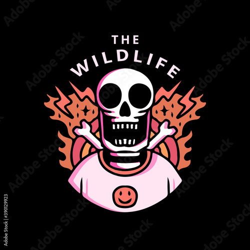 Cool skull in hype style and two crossed bone behind. Skull, flame, bone, and lightning illustration for logo, poster, sticker, or apparel merchandise.With tribal and hipster style.