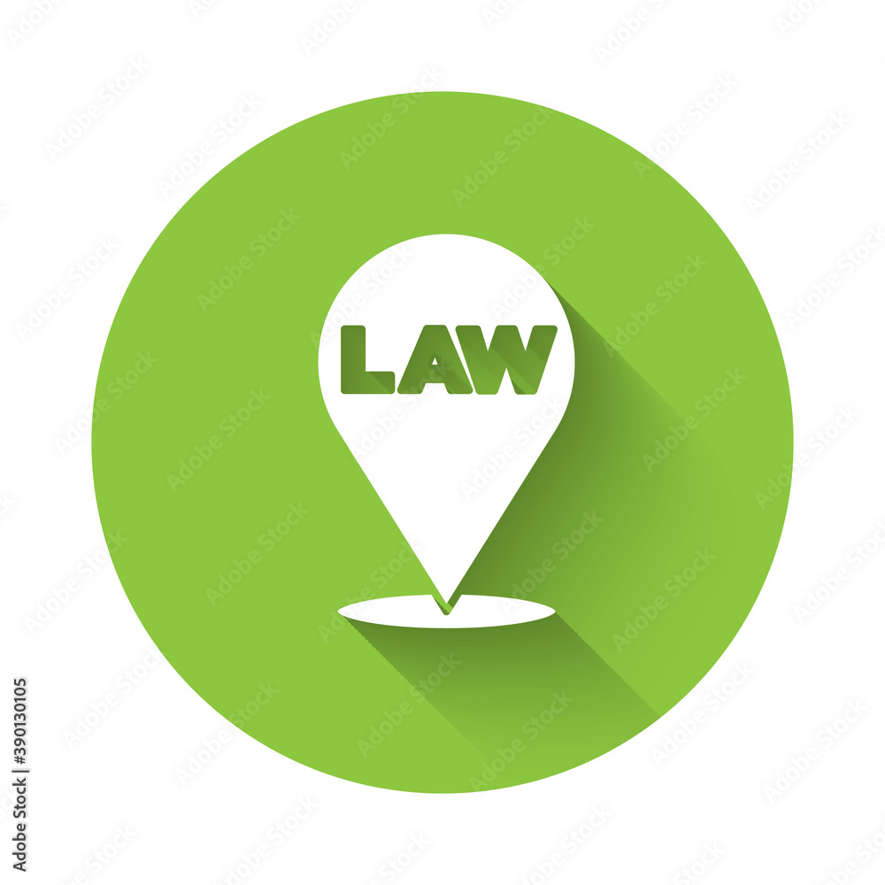 White Location law icon isolated with long shadow. Green circle button. Vector. White Location law icon isolated with long shadow. Green circle button. Vector.