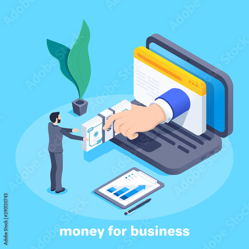 isometric vector image on a blue background, a man in a business suit gives money for business development