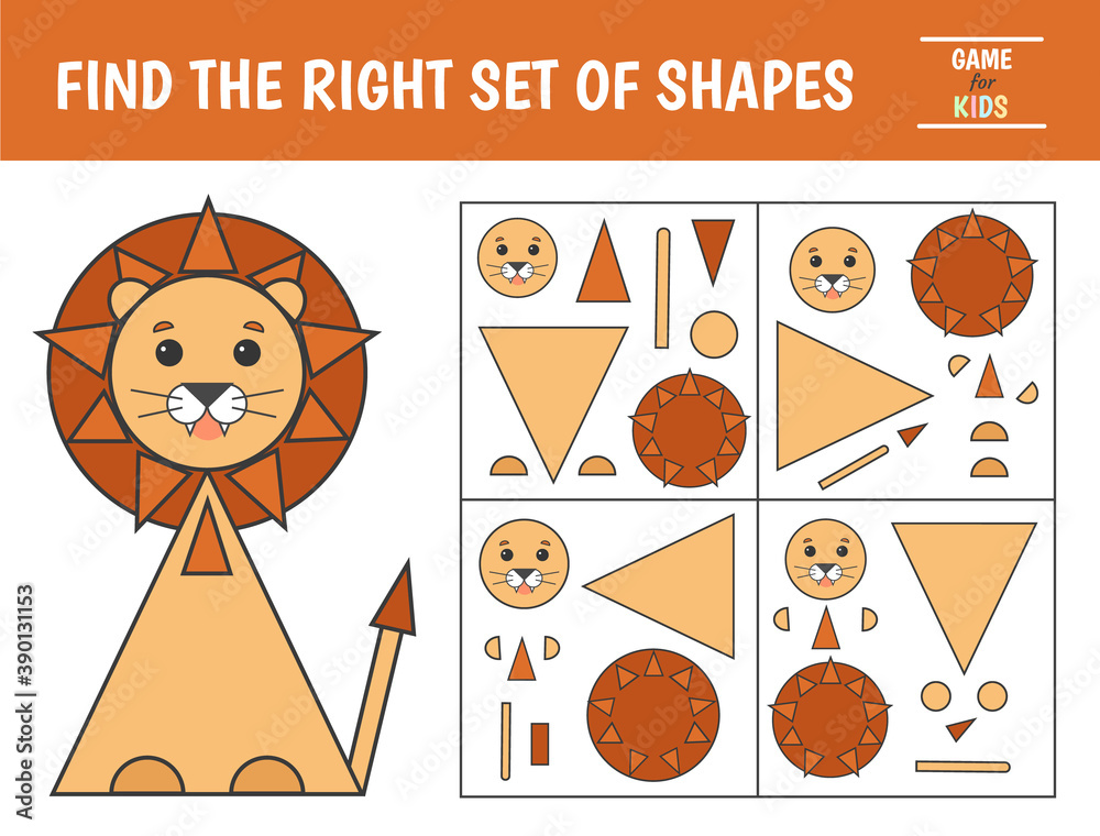 Educational game for kids. Geometrical figure lion. Find the correct ...