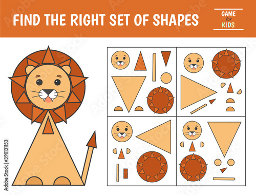 Educational game for kids. Geometrical figure lion. Find the correct block with geometric shapes. Preschool worksheet activity. Vector illustration