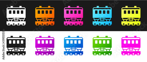 Set Passenger train cars icon isolated on black and white background. Railway carriage. Vector.