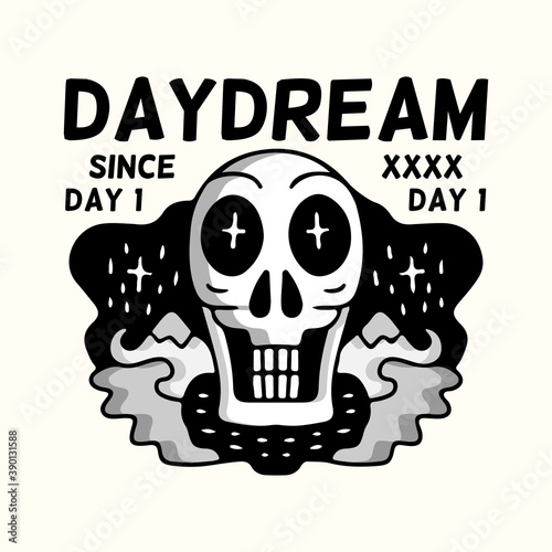 Cool skull in hipster style with daydream typography, illustration for poster, sticker, or apparel merchandise.With tribal and hipster style.