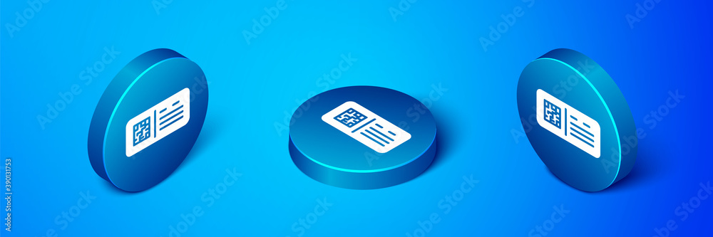 Isometric QR code ticket train icon isolated on blue background. Blue circle button. Vector. Isometric QR code ticket train icon isolated on blue background. Blue circle button. Vector.