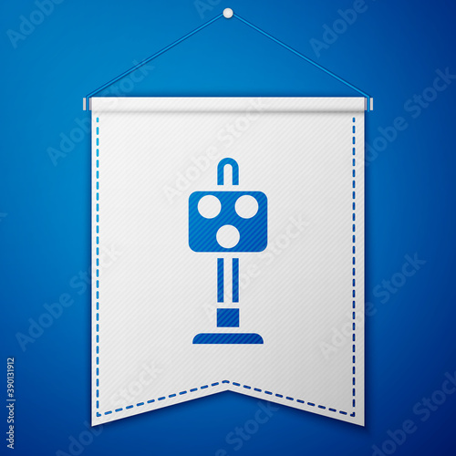 Blue Train traffic light icon isolated on blue background. Traffic lights for the railway to regulate the movement of trains. White pennant template. Vector.