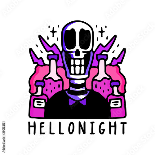 Cool skull and vodka bottles in hype style, with hello night typography, illustration for poster, sticker, or apparel merchandise.With tribal and hipster style.