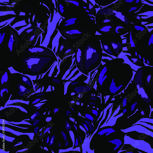 Tropical seamless pattern on animalistic texture. Jungle exotic summer print. Summer tropical leaf. Tropical flower fashion pattern. Floral tropic illustration. Vector seamless pattern.	