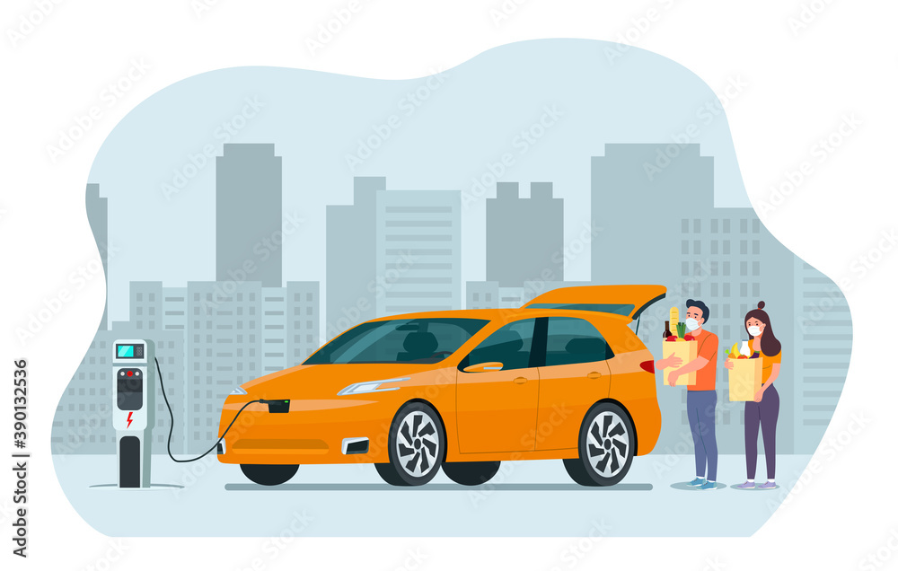 Man and woman with face mask holding grocery bags next to the trunk of the electric car.  Vector flat style illustration.