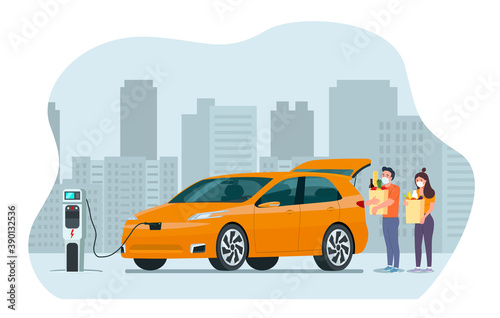 Fototapeta Naklejka Na Ścianę i Meble -  Man and woman with face mask holding grocery bags next to the trunk of the electric car.  Vector flat style illustration.