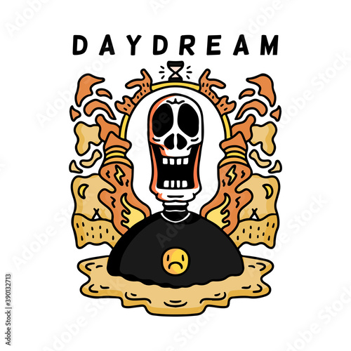 Cool skull in hype style, with daydream typography, illustration for poster, sticker, or apparel merchandise.With tribal and hipster style.