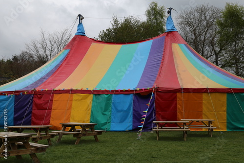 A Machynlleth Comedy Festival performance tent in the grounds of the Plas Machynlleth, Powys, Wales, UK.