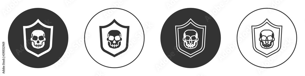 Black Shield with pirate skull icon isolated on white background. Circle button. Vector.
