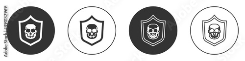 Black Shield with pirate skull icon isolated on white background. Circle button. Vector.