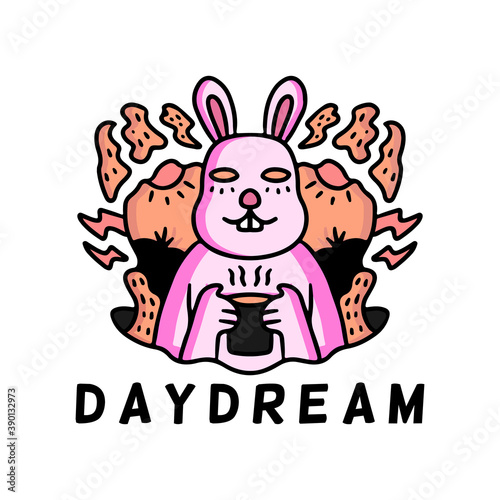 Cute weird bunny holding cup of coffee with daydream typography, illustration with hipster style. Vector graphics for t-shirt prints and other uses.