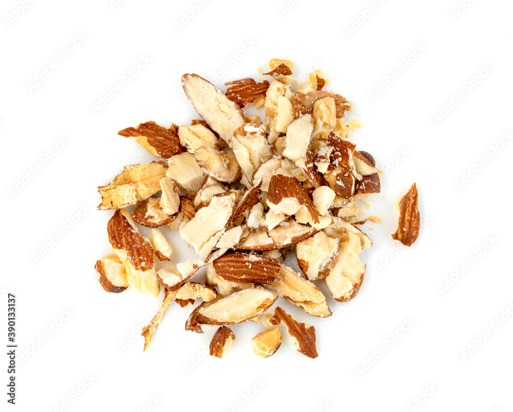 broken almonds natural roasted isolated on white background