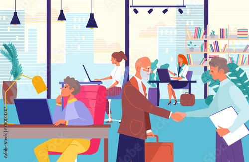 Office business team people at corporate job, vector illustration. Teamwork communication in workplace with computer, group character work meeting. Creative coworking at desk concept.