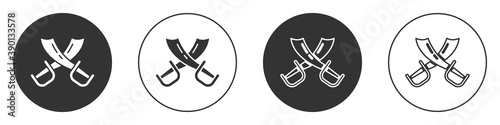 Black Crossed pirate swords icon isolated on white background. Sabre sign. Circle button. Vector.