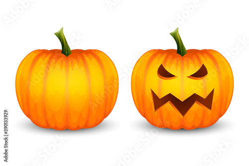Vector Cartoon Halloween Pumkin Lantern. Funny Face and Blank. Set Closeup Isolated on White Background. Front View. Design Template. Autumn Holidays, Halloween Concept