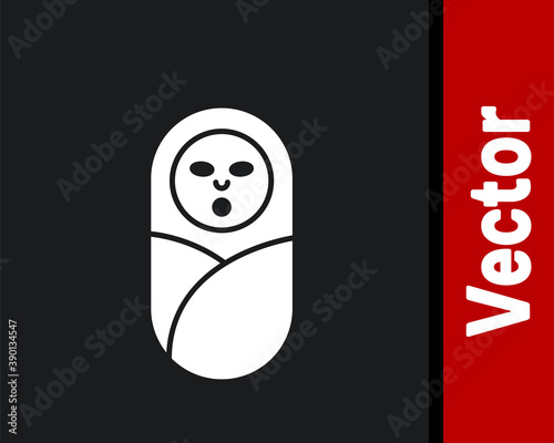 White Newborn baby infant swaddled or swaddling icon isolated on black background. Baby kid child wrapped in blanket clothes. Vector.