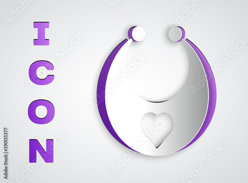 Paper cut Baby bib icon isolated on grey background. Paper art style. Vector.