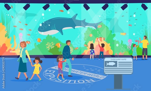 Aquarium, vector illustration. Family at underwater oceanarium, man woman with girl boy child look at cartoon ocean animal. Children people lifestyle, parent with kid at excursion.