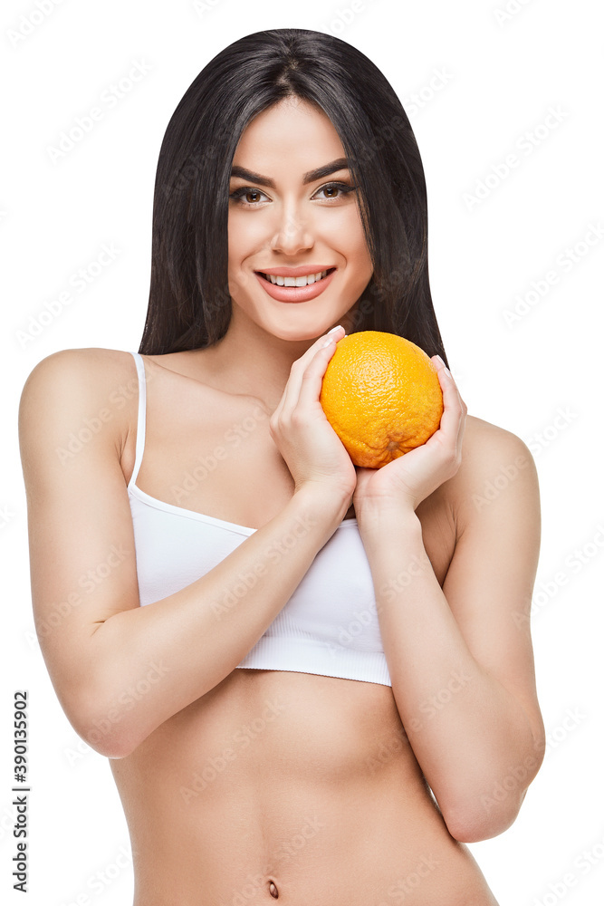 studio shot of attractive young woman with beautiful body holding orange isolated on white studio shot of attractive young woman with beautiful body holding orange isolated on white