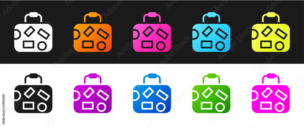 Set Suitcase for travel icon isolated on black and white background. Traveling baggage sign. Travel luggage icon. Vector.