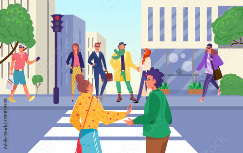 Crosswalk road, people wait for traffic light signal at street, vector illustration. Urban sidewalk for safety, caution at red stop light for pedestrian. Control safe at road, outdoors concept.