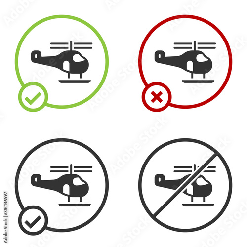 Black Helicopter aircraft vehicle icon isolated on white background. Circle button. Vector.