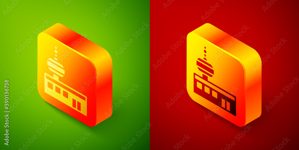 Isometric Airport control tower icon isolated on green and red background. Square button. Vector. Isometric Airport control tower icon isolated on green and red background. Square button. Vector.