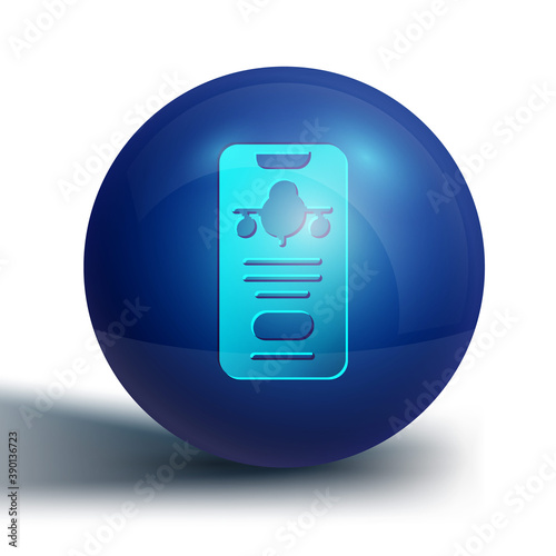 Blue Smartphone with electronic boarding pass airline ticket icon isolated on white background. Passenger plane mobile ticket for web and app. Blue circle button. Vector.