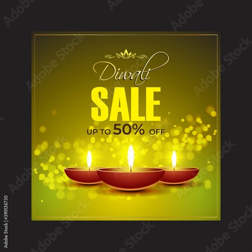 Diwali Festive Season Sale banner, up to 50% cashback. Limited offer Dipawali, Indian festival, diya lamp, oil lamp, get an assured gift, vector illustration offer banner, advertisement