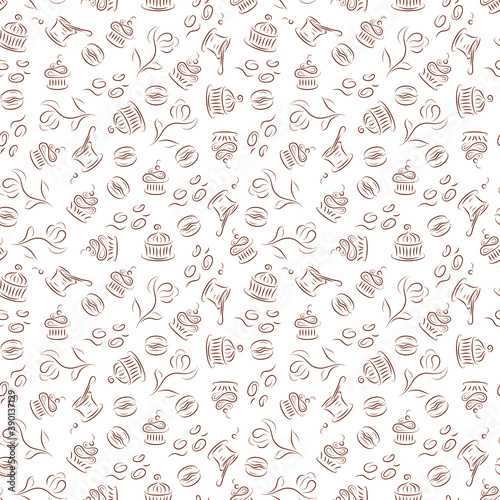 Seamless pattern with desserts (cupcakes, macaroon, yogurt, muffins)