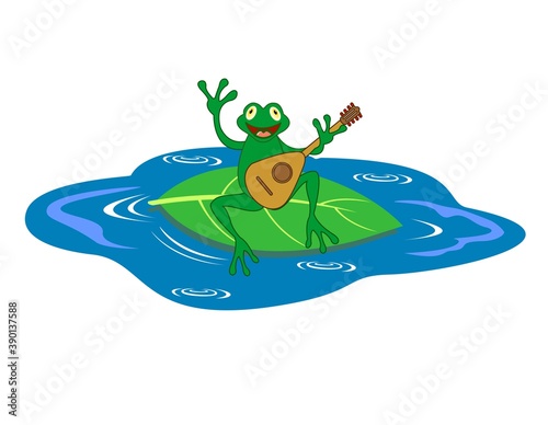 happy frog on a leaf with guitar vector illustration